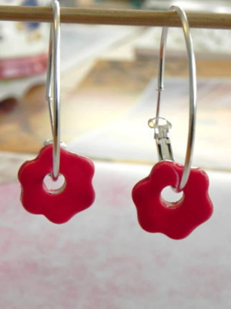 Red Flower Ceramic Earrings Sterling Silver Plated Hoop Etsy