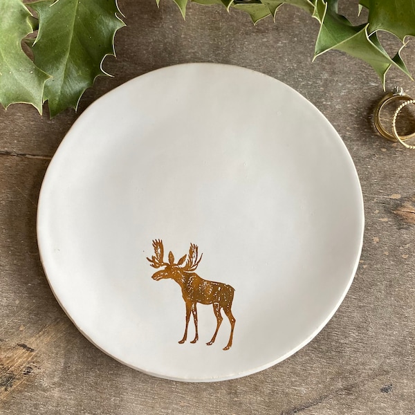 Gold Deer, Moose, Elk Plate, Woodland Christmas Ring Holder, Nature Lover Ceramic Dish, Antler Decor, Wild Animal Pottery,