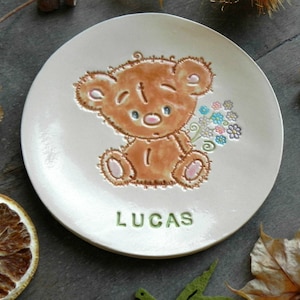 Personalized Teddy Bear Ceramic Plate, Baby Birth Keepsake, Little Bear Dish, Baby Boy Grandma Gift, New Mom Gift, Birth Announcement