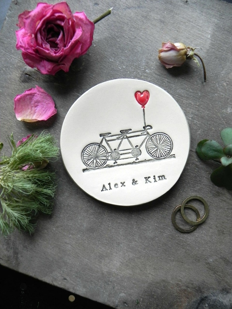 Engagement Ring Holder, Bicycle Love Plate or Ornament, Tandem and Heart Ceramic Wedding Ring Dish, Ivory Ring Pillow Custom Ring Plate image 9