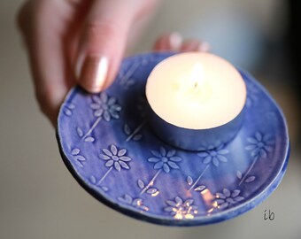 Blue Flower Ceramic Plate,  Ring Dish, Wedding Favor, Candle Holder