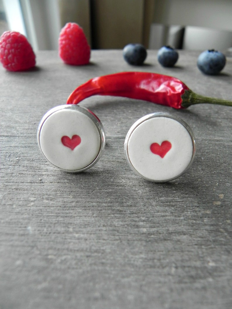 Love Red Heart Ceramic Cuff Links Minimal Porcelain Cuff image 0