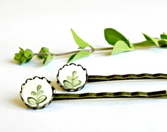 2 Ceramic Bobby Pins Green Leaves White Porcelain Antique Bronze Lace Round Tray Straight Hair Clips