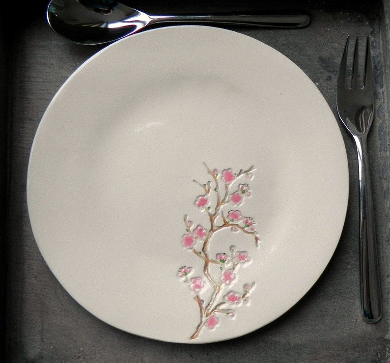 Cherry Blossom Ceramic Side Plate Pink Brown Pastel Dessert Plate Unique Rustic Hand Bild Ceramic Serving Plate