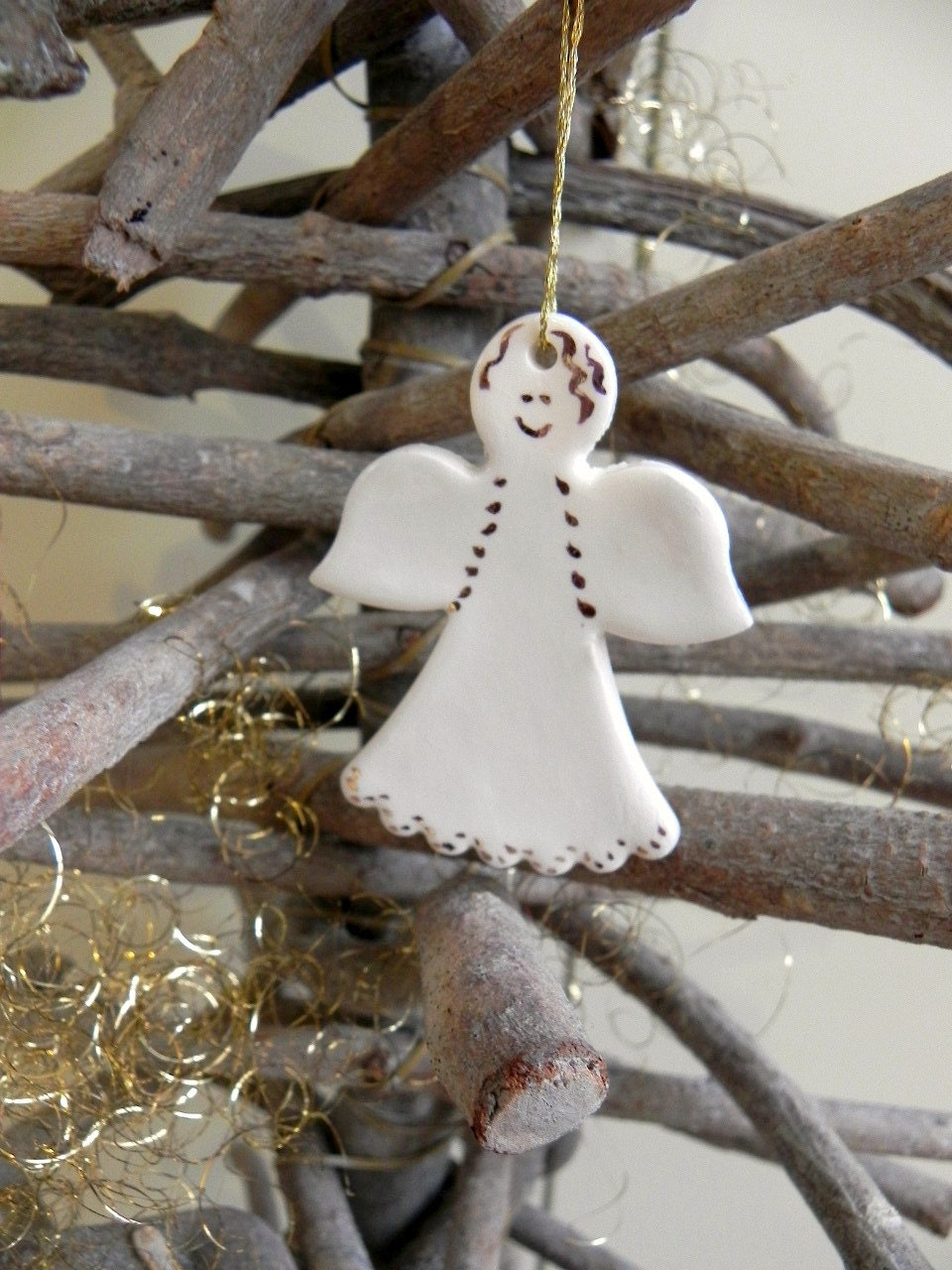 陶器の天使、本物の金を使った白いクリスマスオーナメント、磁器の天使