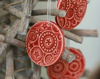 Red Christmas Ornaments, Christmas Tree Decor, Lace Ceramic Christmas tree ornament, X-mas ornament, 3 red Home Decoration Gift,