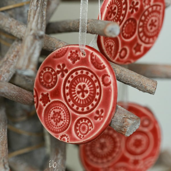 Red Christmas Ornaments, Christmas Tree Decor, Lace Ceramic Christmas tree ornament, X-mas ornament, 3 red Home Decoration Gift,