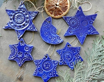 Celestial Christmas Ornaments, Ceramic Blue Star and Moon Lace Ornaments, 6 Mixed Pottery Gift, Holiday Ornaments