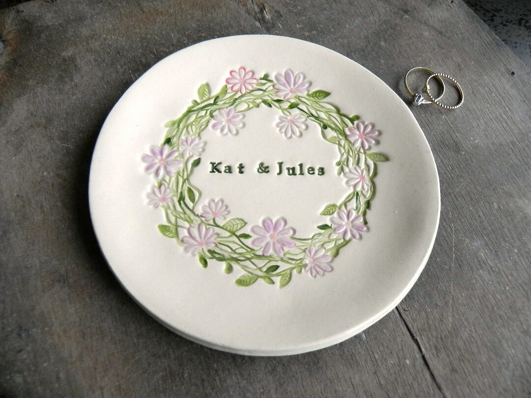 Personalized Wedding Floral Ring Dish, Custom Engagement Ceramic for ...