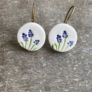 Ceramic Lavender Dangle Earrings, Porcelain Purple Flower Earrings