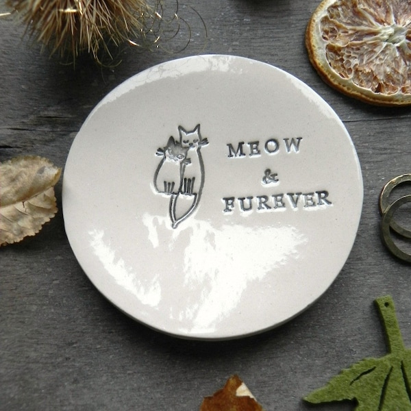 Engagement Ring Holder, Cat Personalized  Ceramic Plate, Wedding Ring Dish, Meow & Furever Anniversary Ring Pillow, Custom Ring Dish Pottery