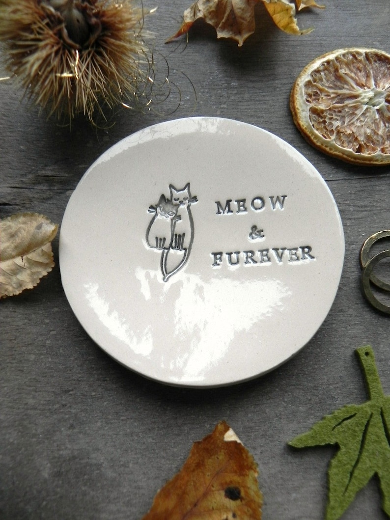 Engagement Ring Holder, Cat Personalized Ceramic Plate, Wedding Ring Dish, Meow & Furever Anniversary Ring Pillow, Custom Ring Dish Pottery image 1