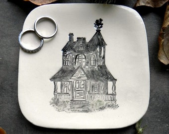 Haunted House Ceramic Plate Black and White Building Pottery Square Ring Dish Halloween Decoration