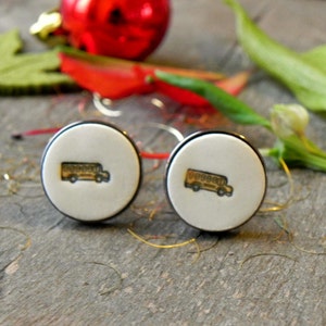 Christmas Gift for Him, Ceramic Cufflinks, Yellow School Bus, Explorer, Porcelain Wedding Cuff Links, Best Man, Bus driver, Wanderlust