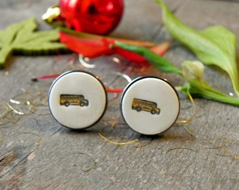 Regalo de Navidad para él, Cufflinks de cerámica, autobús escolar amarillo, explorador, enlaces de manguito de boda de porcelana, mejor hombre, conductor de autobús, Wanderlust