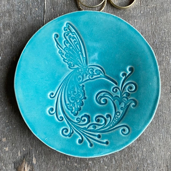 Turquoise Ceramic Ring Dish, Hummingbird Bird Caribbean Blue Plate, Bird Jewelry Dish, Ring Holder Home Decoration Pottery