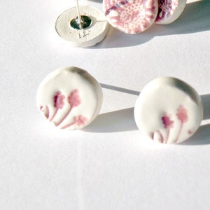 Ceramic Earrings, White Studs with Pink Flowers, Eco Friendly Jewelry in a Recycled Box image 4