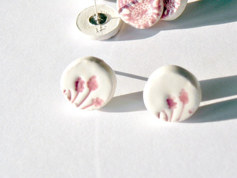 Ceramic Earrings, White Studs with Pink Flowers, Eco Friendly Jewelry in a Recycled Box image 4