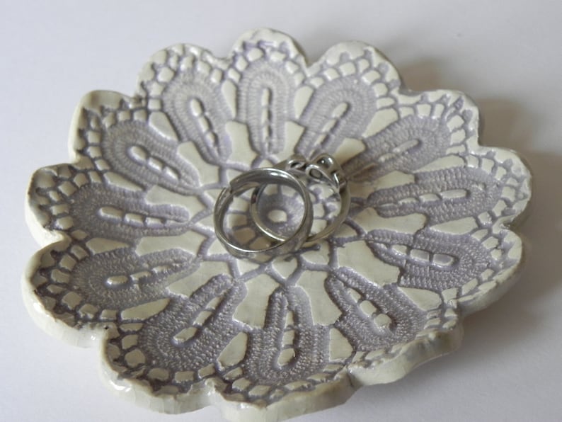 Lace Ceramic Flower Plate Purple Ring Holder Oval Shape White Pottery Dish Ring Holder image 5