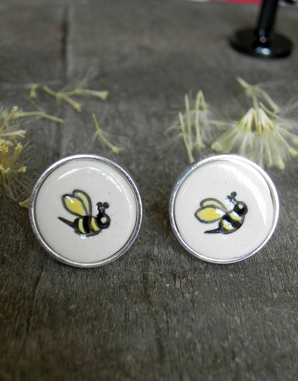 Ceramic Cuff Links Bee Unisex Cufflinks Wedding Gift Cuff Links Fathers Gift Boyfriend Gift Best Man Groomsmen  For Him Busy Bee Accessories