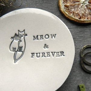 Engagement Ring Holder, Cat Personalized Ceramic Plate, Wedding Ring Dish, Meow & Furever Anniversary Ring Pillow, Custom Ring Dish Pottery image 6