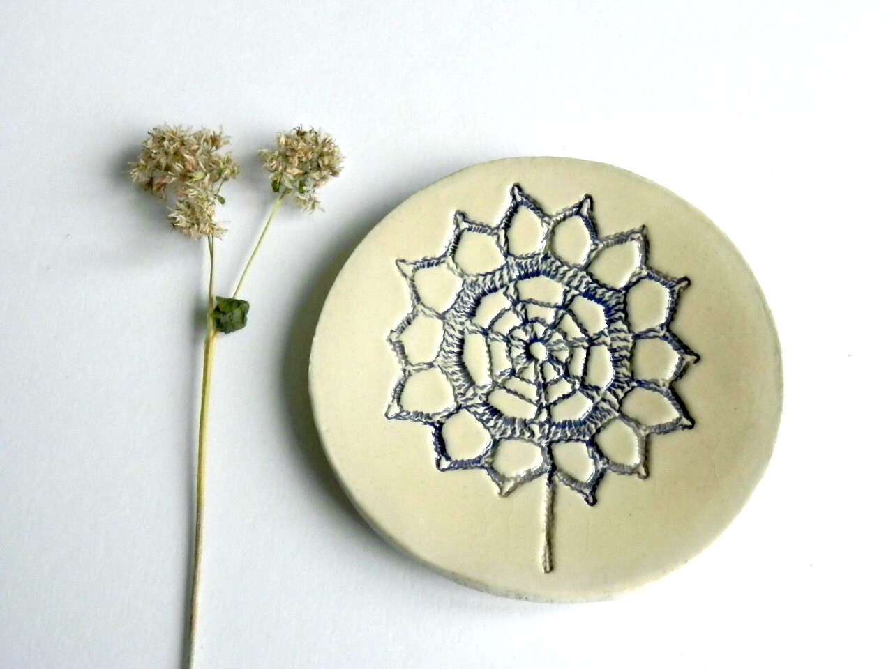 Ceramic Blue Flower Ring Dish Minimalist Round Plate White Etsy