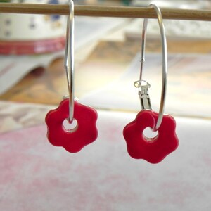 Red Flower Ceramic Earrings Sterling Silver Plated Hoop Earrings Minimalist Ceramic Jewelry image 3