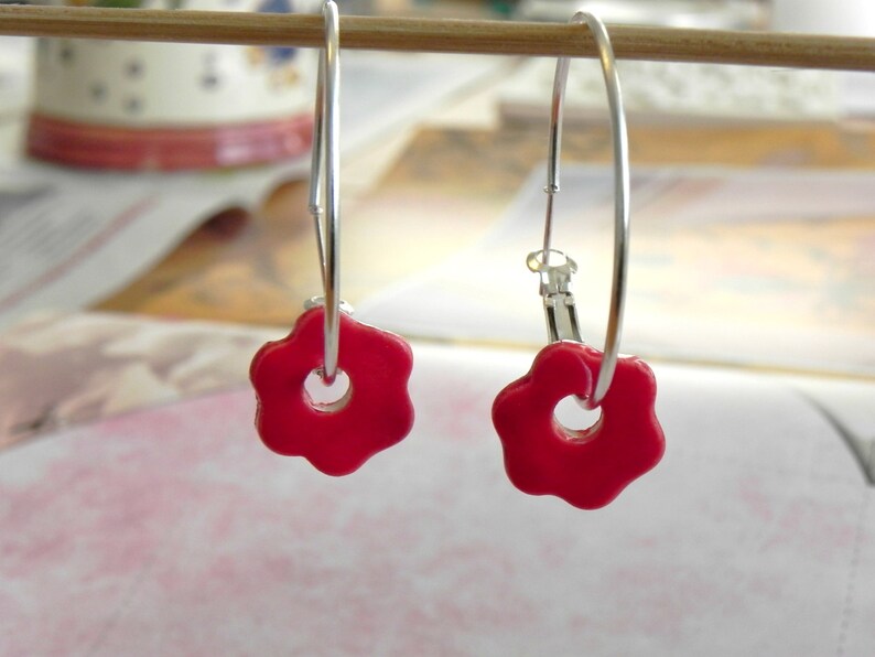 Red Flower Ceramic Earrings Sterling Silver Plated Hoop Earrings Minimalist Ceramic Jewelry image 3