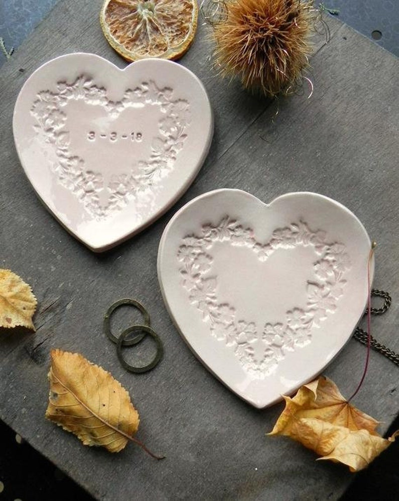 Wedding Heart Jewelry Dish, Personalized Floral Wreath, Valentine's Day Ceramic Ring Dish, Plate Love Pottery Bridal Flower Pattern image 3