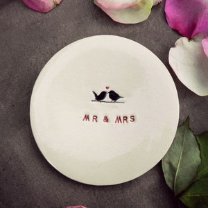 Wedding Ring Holder MR & MRS Plate Little Bird Ceramic Ring Dish Ivory Ring Pillow Custom Ring Bearer Bowl Eco Friendly Pottery