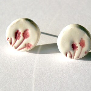 Ceramic Earrings, White Studs with Pink Flowers, Eco Friendly Jewelry in a Recycled Box image 2