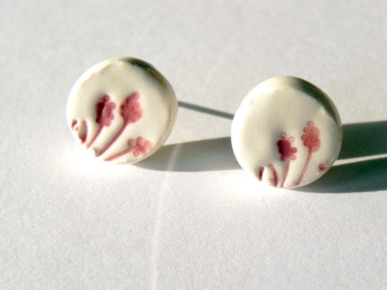 Ceramic Earrings, White Studs with Pink Flowers, Eco Friendly Jewelry in a Recycled Box image 2