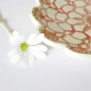 Rustic White Ceramic Dish Red Lace Flower Plate Ring Holder image 4
