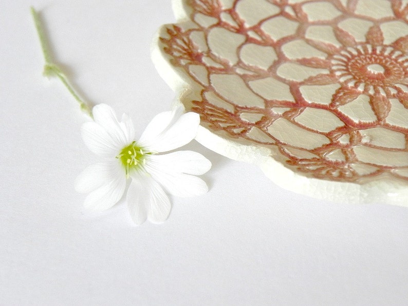 Rustic White Ceramic Dish Red Lace Flower Plate Ring Holder image 4