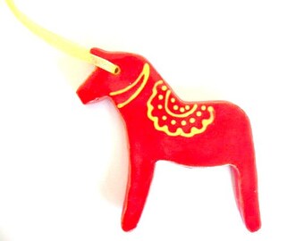 Red Horse Ceramic Ornament,Set of 2 Christmas Decorations, Dala Horse Inspired Pottery