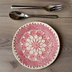 Rustic Ceramic Plate, Red Mandala Lace Dessert Plate, Unique Serving Plate, Mandala Tableware, Boho Kitchen Decor Ceramic Dish, Lace Pottery image 2