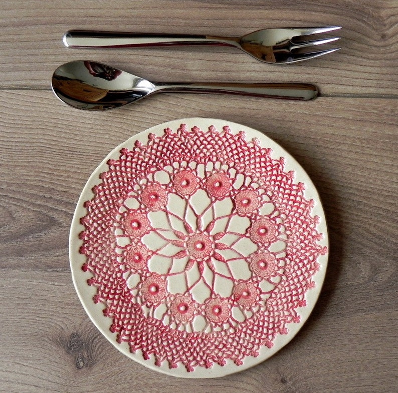 Rustic Ceramic Plate, Red Mandala Lace Dessert Plate, Unique Serving Plate, Mandala Tableware, Boho Kitchen Decor Ceramic Dish, Lace Pottery image 2