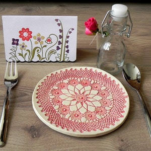 Rustic Ceramic Plate, Red Mandala Lace Dessert Plate, Unique Serving Plate, Mandala Tableware, Boho Kitchen Decor Ceramic Dish, Lace Pottery image 3