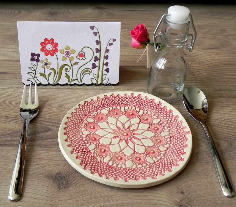 Rustic Ceramic Plate, Red Mandala Lace Dessert Plate, Unique Serving Plate, Mandala Tableware, Boho Kitchen Decor Ceramic Dish, Lace Pottery image 3