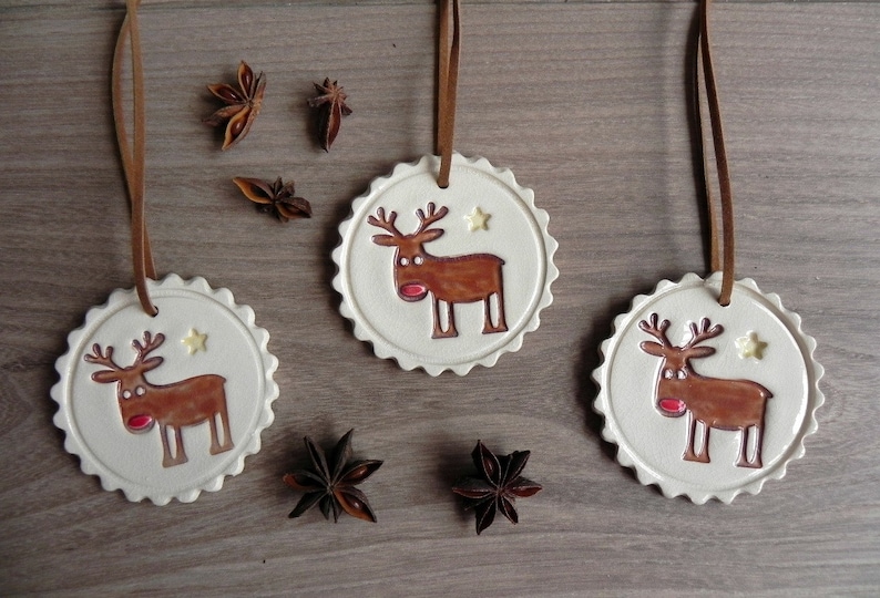 Christmas Deer Ceramic Ornaments Rudolf Holiday Pottery Gift image 0