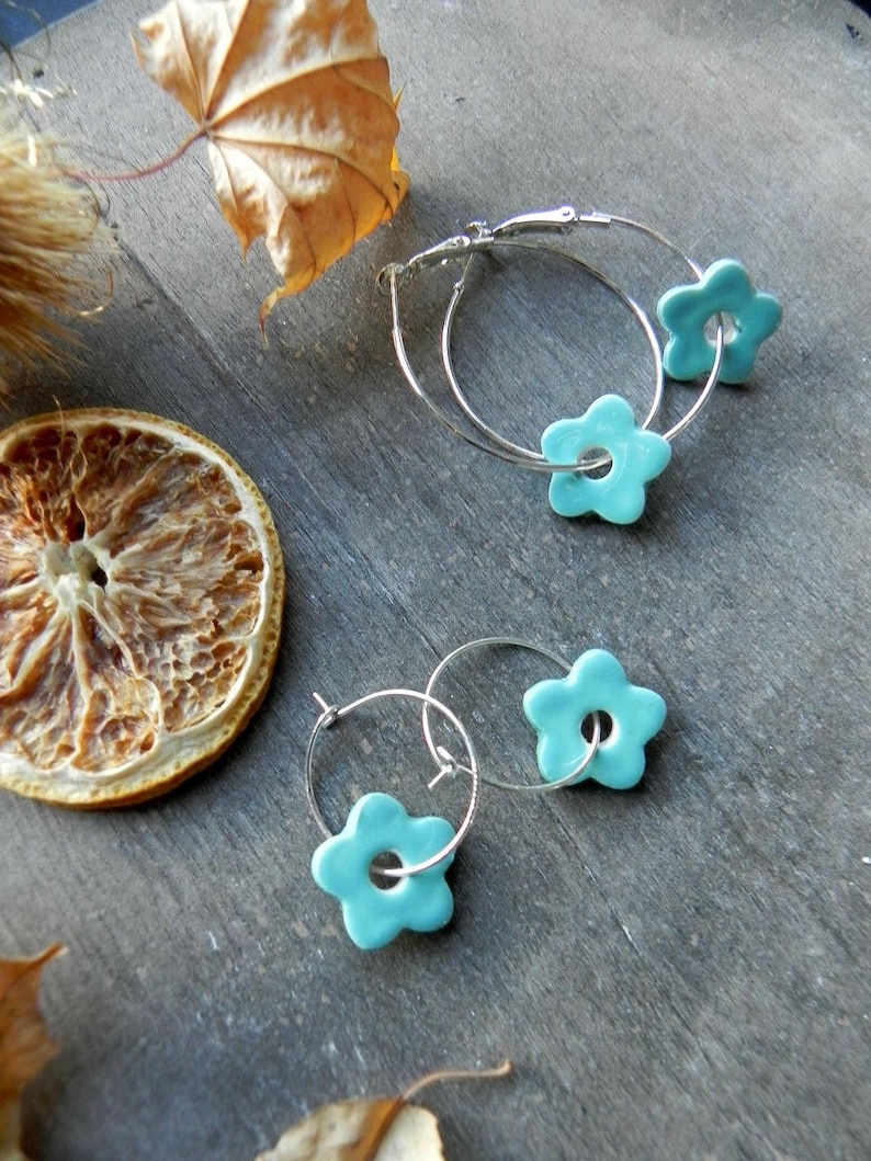 Flower Ceramic Earrings Purple Hoop Turquoise Earrings Etsy