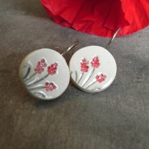 Ceramic Flower Dangle Earrings Round Pottery Red and White Floral Romantic Every Day Jewelry Eco Friendly