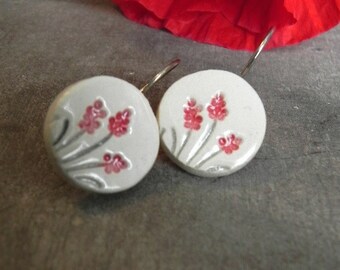 Ceramic Flower Dangle Earrings Round Pottery Red and White Floral Romantic Every Day Jewelry Eco Friendly