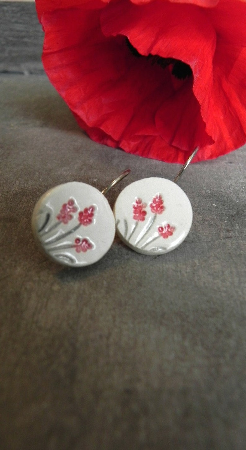 Ceramic Flower Dangle Earrings Round Pottery Red and White image 0