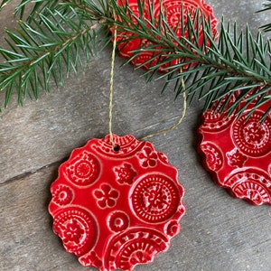 Handmade Red Lace Ceramic Ornament, 3 Christmas Ornaments, Home Decor Gift, Red Christmas Gift Lace Pottery Red Christmas tree ornament image 5