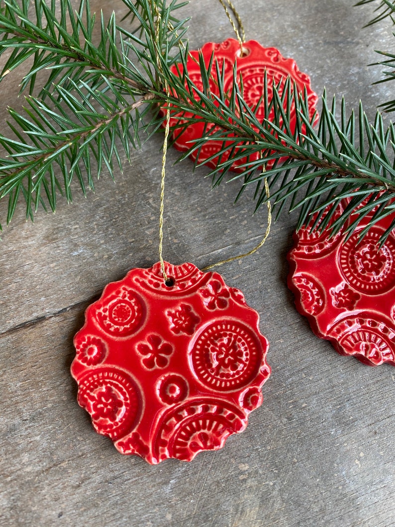 Handmade Red Lace Ceramic Ornament, 3 Christmas Ornaments, Home Decor Gift, Red Christmas Gift Lace Pottery Red Christmas tree ornament image 5