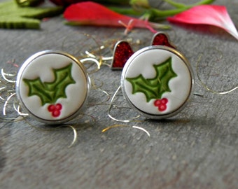 Holly Ceramic Cuff Links, Unisex Christmas Gift Idea, Novelty Gift, Porcelain CuffLinks, Father Boss Coworker Gift, Red Green Holly Pottery