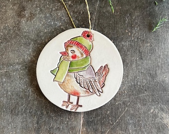 Enfeites de árvore de Natal de pássaros originais feitos à mão, enfeites de cerâmica de pássaros de inverno, decoração de casa de férias
