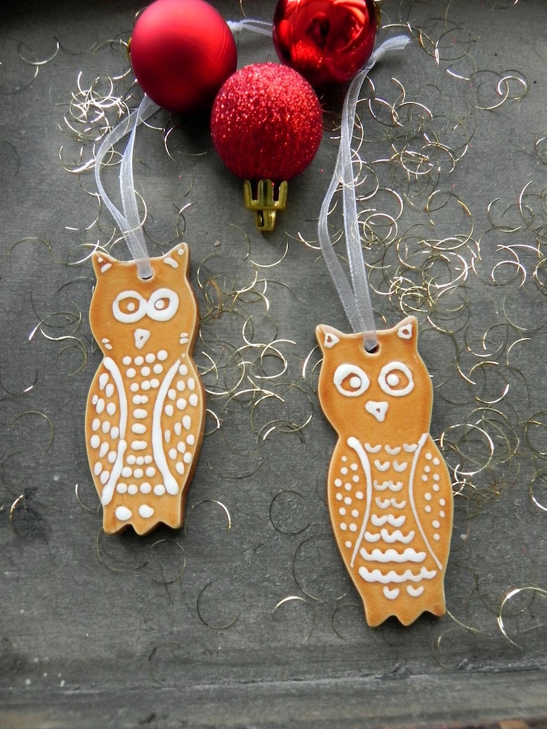 2 Owl Ceramic Christmas ornament Woodland Ornaments Caramel image 0