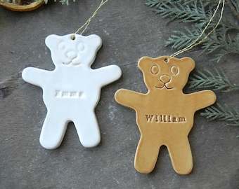 Personalized Bear Christmas Ornament, Polar Bear Ceramic Ornament, First Christmas Holiday Home Decor, Set of 2 Caramel / White Decoration